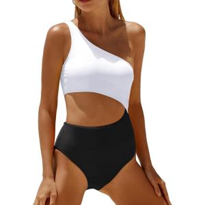 imageYonique Womens One Piece Bathing Suit One Shoulder Swimsuit Cutout Swimwear MonokiniWhite and Black