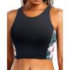 imageYonique Women Bikini Top Only Crop Swim Top Longline Swimsuit Tops High Neck Bathing Suit TopFlower Splicing
