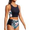 imageYonique Women Bikini Top Only Crop Swim Top Longline Swimsuit Tops High Neck Bathing Suit TopGreen Black Flower