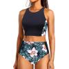 imageYonique Women Bikini Top Only Crop Swim Top Longline Swimsuit Tops High Neck Bathing Suit TopGreen Black Flower