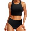imageYonique Women Bikini Top Only Crop Swim Top Longline Swimsuit Tops High Neck Bathing Suit TopPure Black
