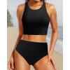 imageYonique Women Bikini Top Only Crop Swim Top Longline Swimsuit Tops High Neck Bathing Suit TopPure Black