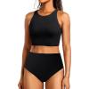 imageYonique Women Bikini Top Only Crop Swim Top Longline Swimsuit Tops High Neck Bathing Suit TopPure Black