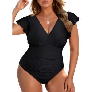 imageYonique Plus Size Swimsuits for Women One Piece Tummy Control Bathing Suits Ruffle SwimwearBlack