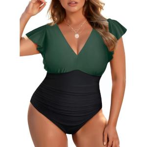 imageYonique Plus Size Swimsuits for Women One Piece Tummy Control Bathing Suits Ruffle SwimwearGreen and Black