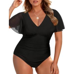 imageYonique Plus Size Swimsuits for Women One Piece Tummy Control Bathing Suits Ruffle SwimwearPure Black
