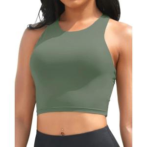 imageYonique Women Bikini Top Only Crop Swim Top Longline Swimsuit Tops High Neck Bathing Suit TopArmy Green