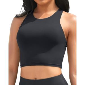 imageYonique Women Bikini Top Only Crop Swim Top Longline Swimsuit Tops High Neck Bathing Suit TopBlack