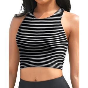 imageYonique Women Bikini Top Only Crop Swim Top Longline Swimsuit Tops High Neck Bathing Suit TopBlack and White Stripes