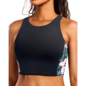 imageYonique Women Bikini Top Only Crop Swim Top Longline Swimsuit Tops High Neck Bathing Suit TopFlower Splicing