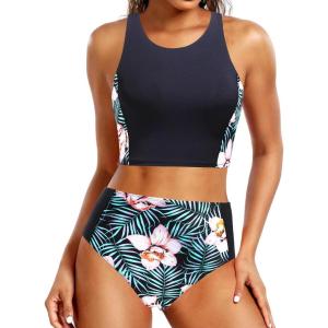 imageYonique Women Bikini Top Only Crop Swim Top Longline Swimsuit Tops High Neck Bathing Suit TopGreen Black Flower