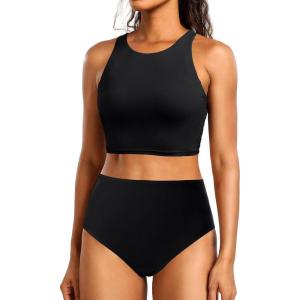 imageYonique Women Bikini Top Only Crop Swim Top Longline Swimsuit Tops High Neck Bathing Suit TopPure Black