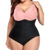 imageYonique Women Plus Size One Piece Swimsuits Tummy Control Bathing Suits Twist Front Ruched SwimwearPink Stitching Black