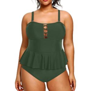 imageYonique Plus Size Swimsuits for Women Tummy Control Two Piece Bathing Suits Peplum Tankini Tops High Waisted SwimwearArmy Green