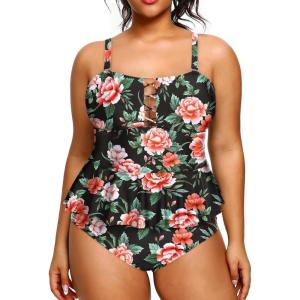 imageYonique Plus Size Swimsuits for Women Tummy Control Two Piece Bathing Suits Peplum Tankini Tops High Waisted SwimwearBlack  Floral