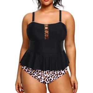 imageYonique Plus Size Swimsuits for Women Tummy Control Two Piece Bathing Suits Peplum Tankini Tops High Waisted SwimwearBlack  Leopard