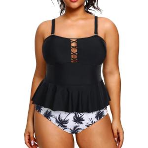 imageYonique Plus Size Swimsuits for Women Tummy Control Two Piece Bathing Suits Peplum Tankini Tops High Waisted SwimwearBlack 01