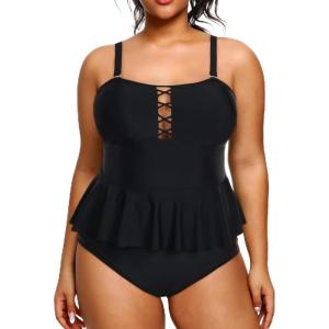 imageYonique Plus Size Swimsuits for Women Tummy Control Two Piece Bathing Suits Peplum Tankini Tops High Waisted SwimwearBlack
