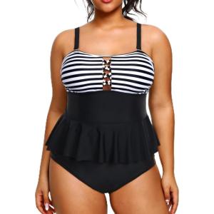 imageYonique Plus Size Swimsuits for Women Tummy Control Two Piece Bathing Suits Peplum Tankini Tops High Waisted SwimwearBlack Stripe