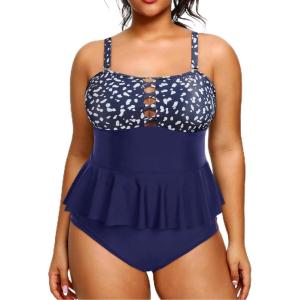 imageYonique Plus Size Swimsuits for Women Tummy Control Two Piece Bathing Suits Peplum Tankini Tops High Waisted SwimwearBlue Dot