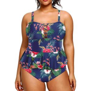 imageYonique Plus Size Swimsuits for Women Tummy Control Two Piece Bathing Suits Peplum Tankini Tops High Waisted SwimwearBlue Floral