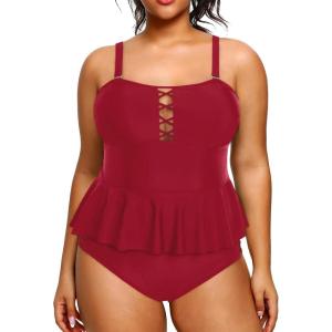 imageYonique Plus Size Swimsuits for Women Tummy Control Two Piece Bathing Suits Peplum Tankini Tops High Waisted SwimwearBright Burgundy