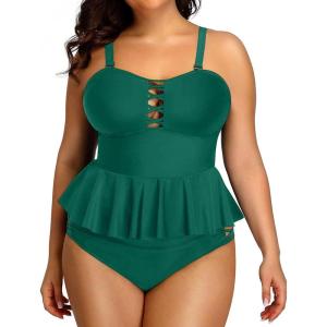 imageYonique Plus Size Swimsuits for Women Tummy Control Two Piece Bathing Suits Peplum Tankini Tops High Waisted SwimwearGreen
