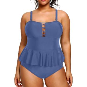 imageYonique Plus Size Swimsuits for Women Tummy Control Two Piece Bathing Suits Peplum Tankini Tops High Waisted SwimwearGrey Blue