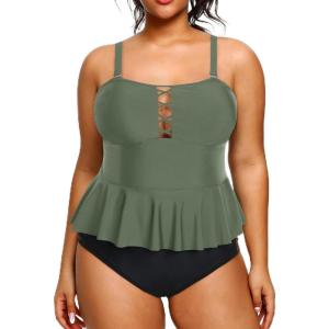 imageYonique Plus Size Swimsuits for Women Tummy Control Two Piece Bathing Suits Peplum Tankini Tops High Waisted SwimwearLight Army Green