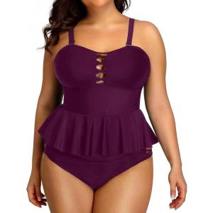 imageYonique Plus Size Swimsuits for Women Tummy Control Two Piece Bathing Suits Peplum Tankini Tops High Waisted SwimwearPurple