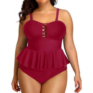 imageYonique Plus Size Swimsuits for Women Tummy Control Two Piece Bathing Suits Peplum Tankini Tops High Waisted SwimwearRed