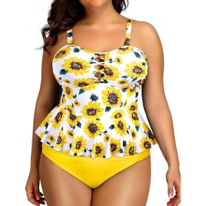 imageYonique Plus Size Swimsuits for Women Tummy Control Two Piece Bathing Suits Peplum Tankini Tops High Waisted SwimwearSunflower