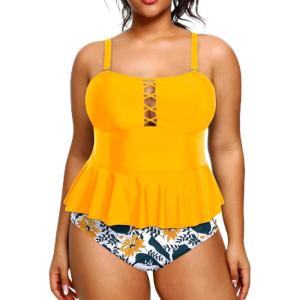 imageYonique Plus Size Swimsuits for Women Tummy Control Two Piece Bathing Suits Peplum Tankini Tops High Waisted SwimwearYellow