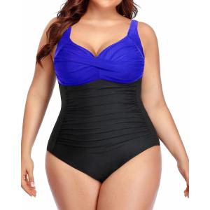 imageYonique Women Plus Size One Piece Swimsuits Tummy Control Bathing Suits Twist Front Ruched SwimwearBlue  Black