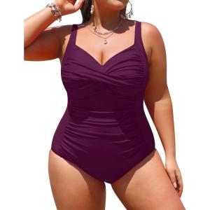 imageYonique Women Plus Size One Piece Swimsuits Tummy Control Bathing Suits Twist Front Ruched SwimwearDeep Purple