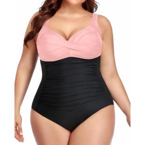 imageYonique Women Plus Size One Piece Swimsuits Tummy Control Bathing Suits Twist Front Ruched SwimwearPink Stitching Black