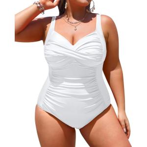 imageYonique Women Plus Size One Piece Swimsuits Tummy Control Bathing Suits Twist Front Ruched SwimwearWhite