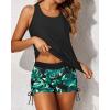 imageYonique 3 Piece Tankini Swimsuits for Women Swim Tank Top Bathing Suits with Boy Shorts and Bra Athletic SwimwearBlack  Green Leaf
