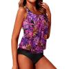 imageYonique Two Piece Blouson Tankini Swimsuits for Women Modest Bathing Suits Loose Fit SwimwearPurple Pink Leaves
