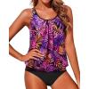 imageYonique Two Piece Blouson Tankini Swimsuits for Women Modest Bathing Suits Loose Fit SwimwearPurple Pink Leaves