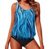 imageYonique Two Piece Blouson Tankini Swimsuits for Women Modest Bathing Suits Loose Fit SwimwearBlue Wavy Pattern