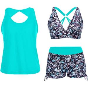imageYonique 3 Piece Tankini Swimsuits for Women Swim Tank Top Bathing Suits with Boy Shorts and Bra Athletic SwimwearAqua Green