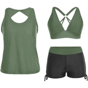 imageYonique 3 Piece Tankini Swimsuits for Women Swim Tank Top Bathing Suits with Boy Shorts and Bra Athletic SwimwearBlack  Army Green