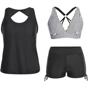 imageYonique 3 Piece Tankini Swimsuits for Women Swim Tank Top Bathing Suits with Boy Shorts and Bra Athletic SwimwearBlack and Striped