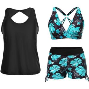 imageYonique 3 Piece Tankini Swimsuits for Women Swim Tank Top Bathing Suits with Boy Shorts and Bra Athletic SwimwearBlue Floral 01