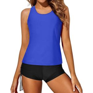 imageYonique 3 Piece Tankini Swimsuits for Women Swim Tank Top Bathing Suits with Boy Shorts and Bra Athletic SwimwearBlue Geometric