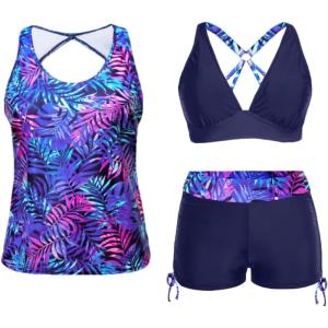 imageYonique 3 Piece Tankini Swimsuits for Women Swim Tank Top Bathing Suits with Boy Shorts and Bra Athletic SwimwearBlue Purple Leaves