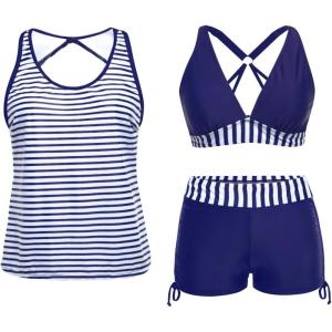imageYonique 3 Piece Tankini Swimsuits for Women Swim Tank Top Bathing Suits with Boy Shorts and Bra Athletic SwimwearBlue White Stripes