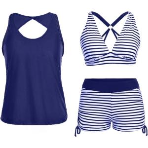 imageYonique 3 Piece Tankini Swimsuits for Women Swim Tank Top Bathing Suits with Boy Shorts and Bra Athletic SwimwearBlueWhite