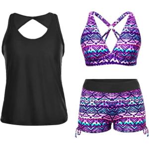 imageYonique 3 Piece Tankini Swimsuits for Women Swim Tank Top Bathing Suits with Boy Shorts and Bra Athletic SwimwearColorful Geometry